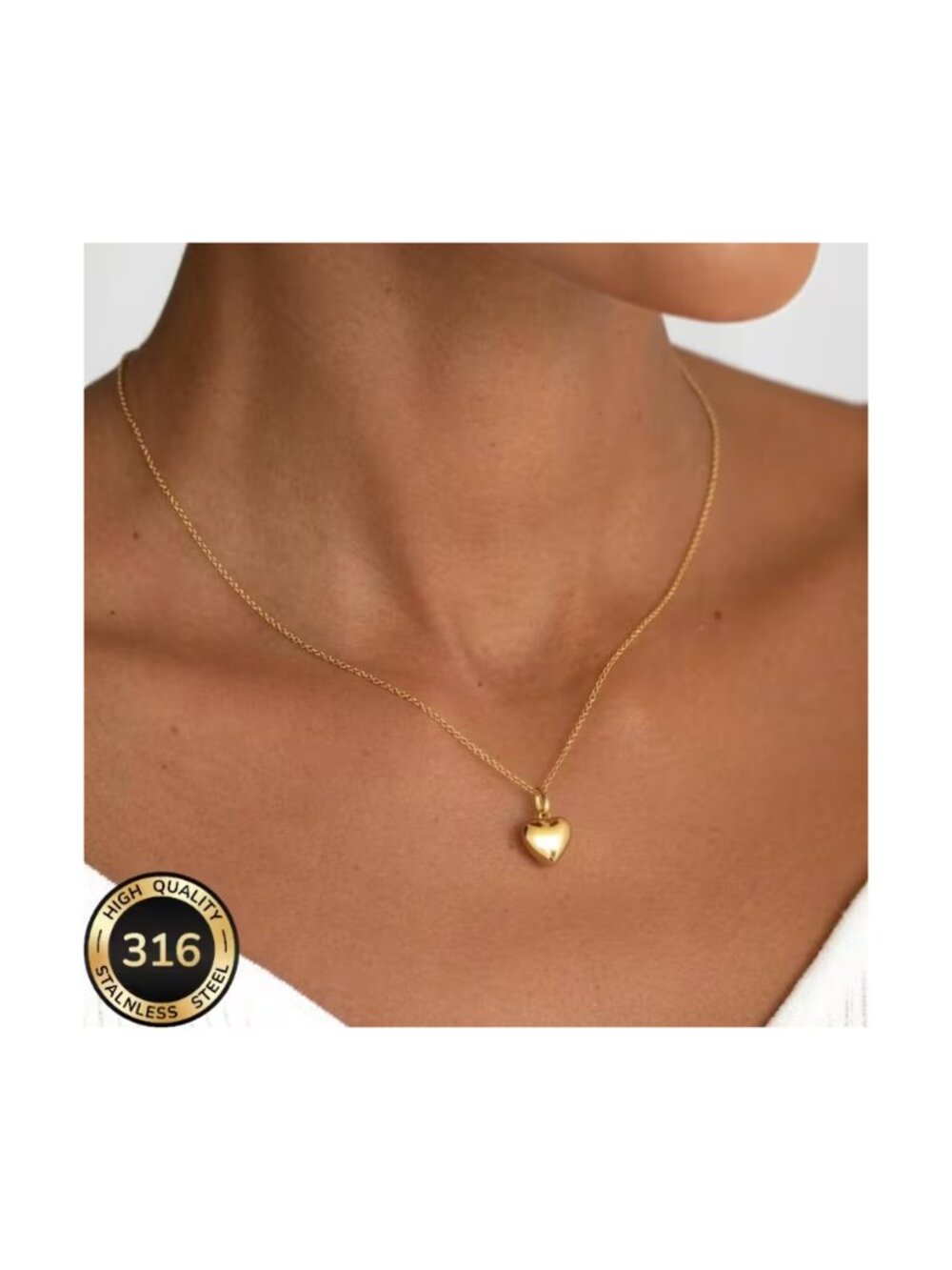 Solid Puff Heart Pendant on Delicate Clavicle Chain Gold Plated Stainless Steel